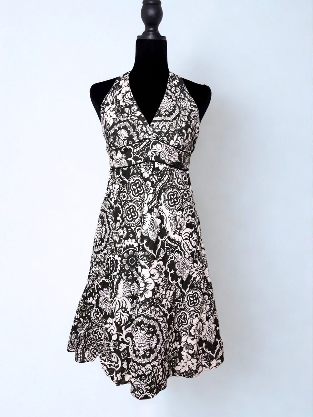 Vtg Y2K Forever 21 Black Beige Damask Fairy Empire Waist Halter Babydoll Dress